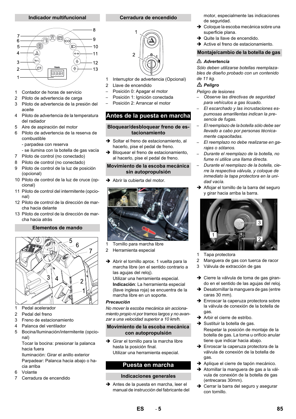 Antes de la puesta en marcha, Puesta en marcha | Karcher KM 170-600 R Lpg User Manual | Page 85 / 472