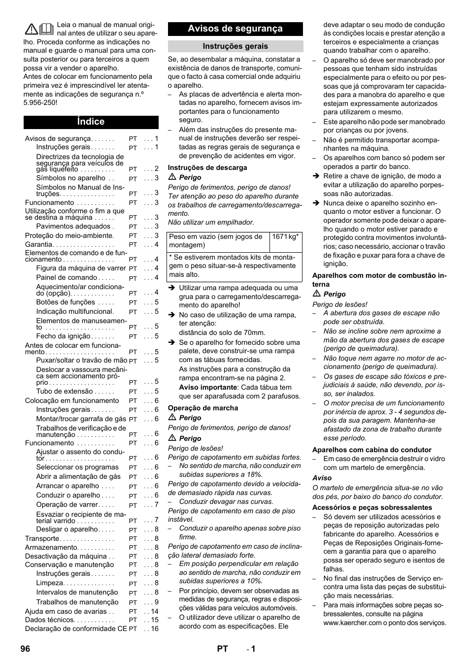 Português, Índice, Avisos de segurança | 96 pt | Karcher KM 170-600 R Lpg User Manual | Page 96 / 472