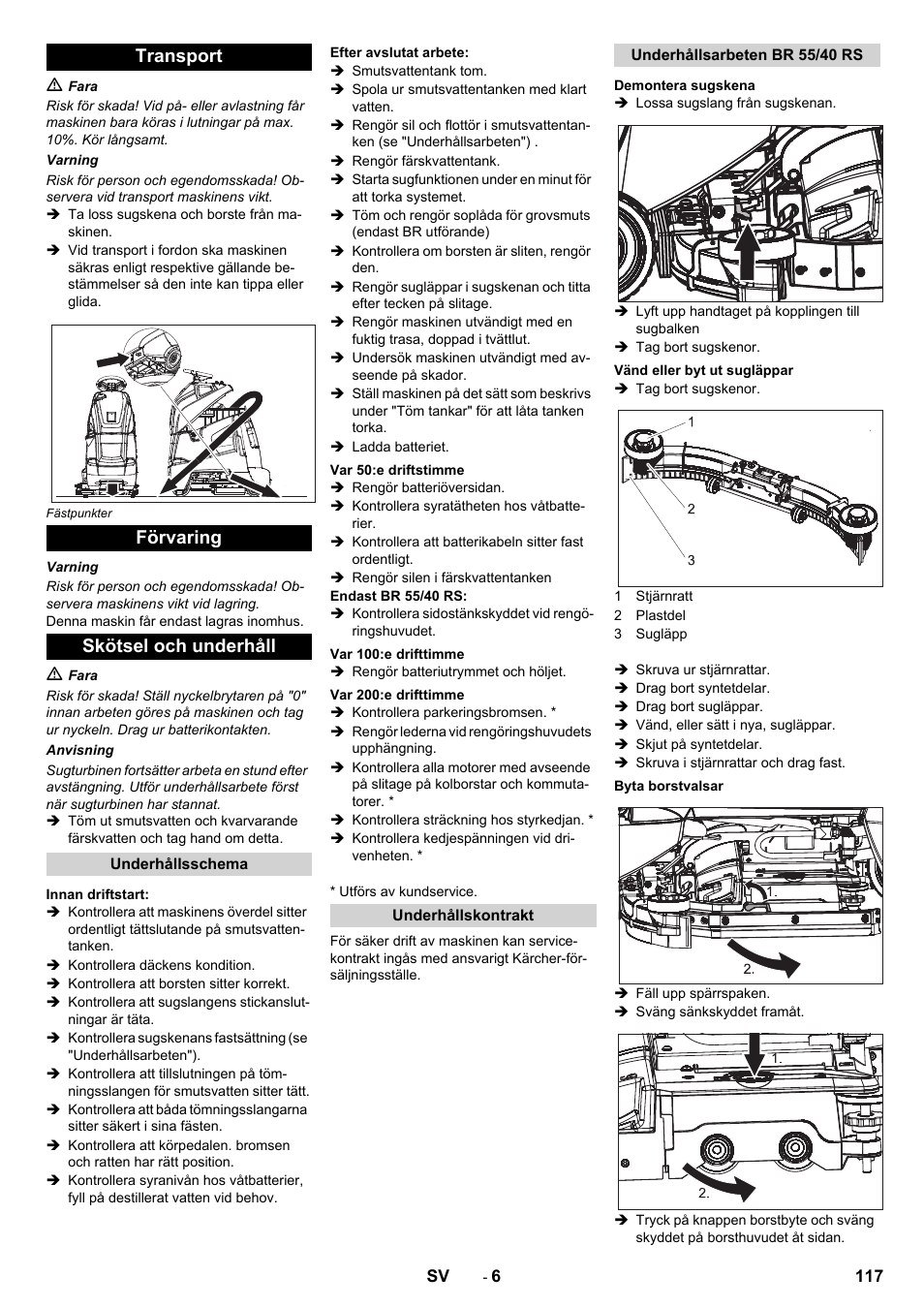 Transport förvaring skötsel och underhåll | Karcher BD 50-40 RS Bp User Manual | Page 117 / 332