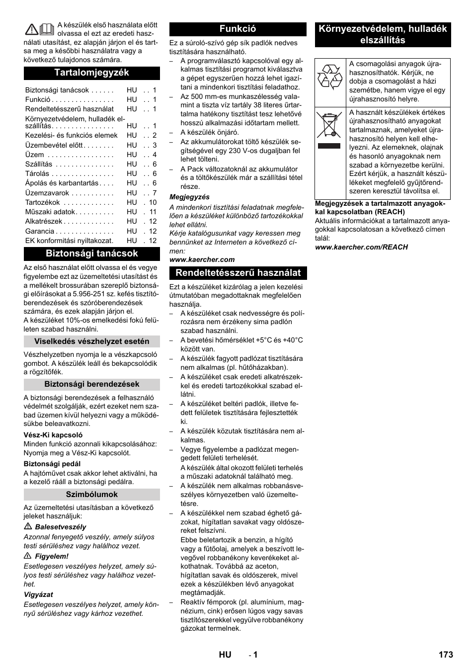 Magyar, Tartalomjegyzék, Biztonsági tanácsok | Karcher BD 50-40 RS Bp User Manual | Page 173 / 332
