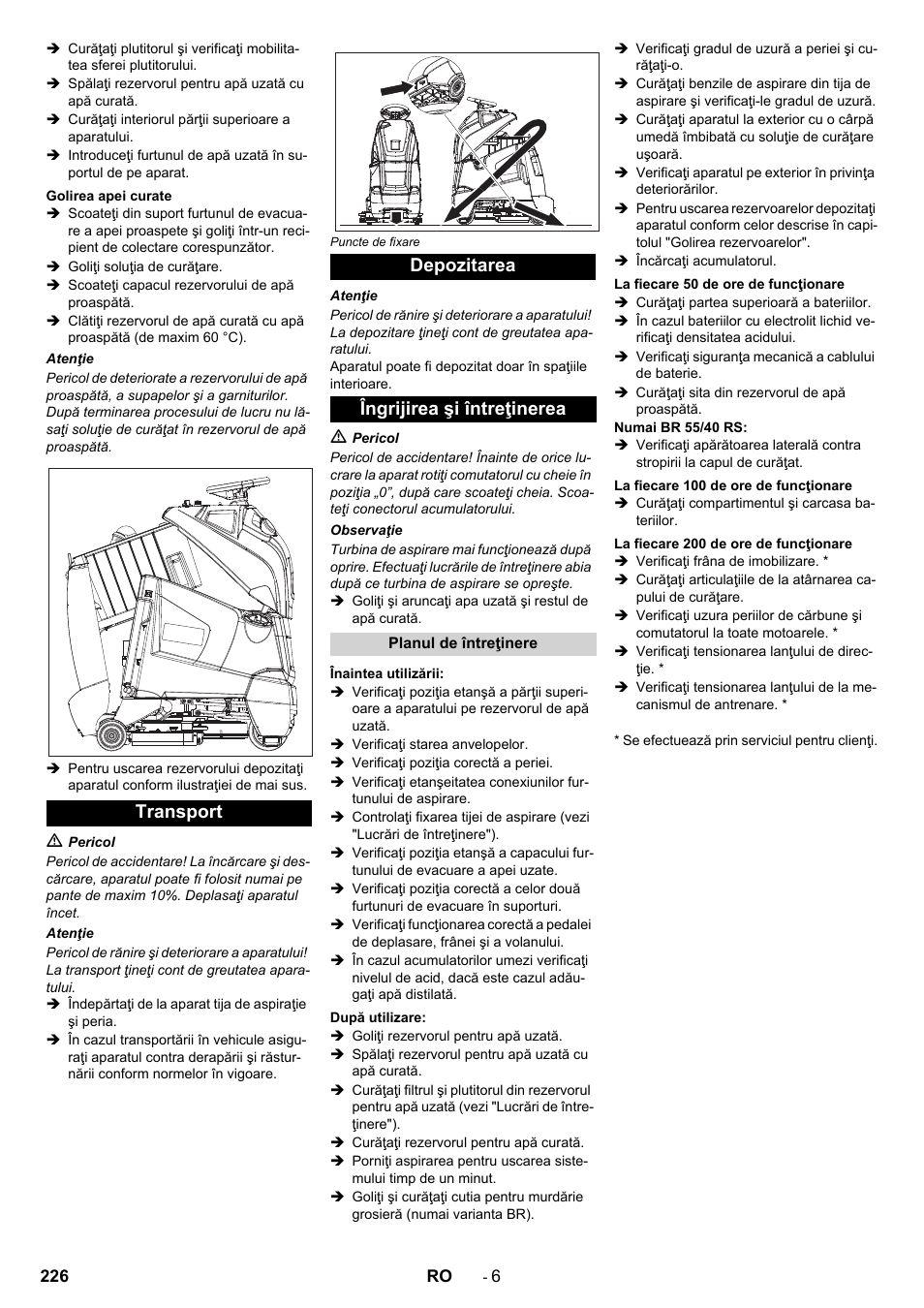 Transport depozitarea îngrijirea şi întreţinerea | Karcher BD 50-40 RS Bp User Manual | Page 226 / 332
