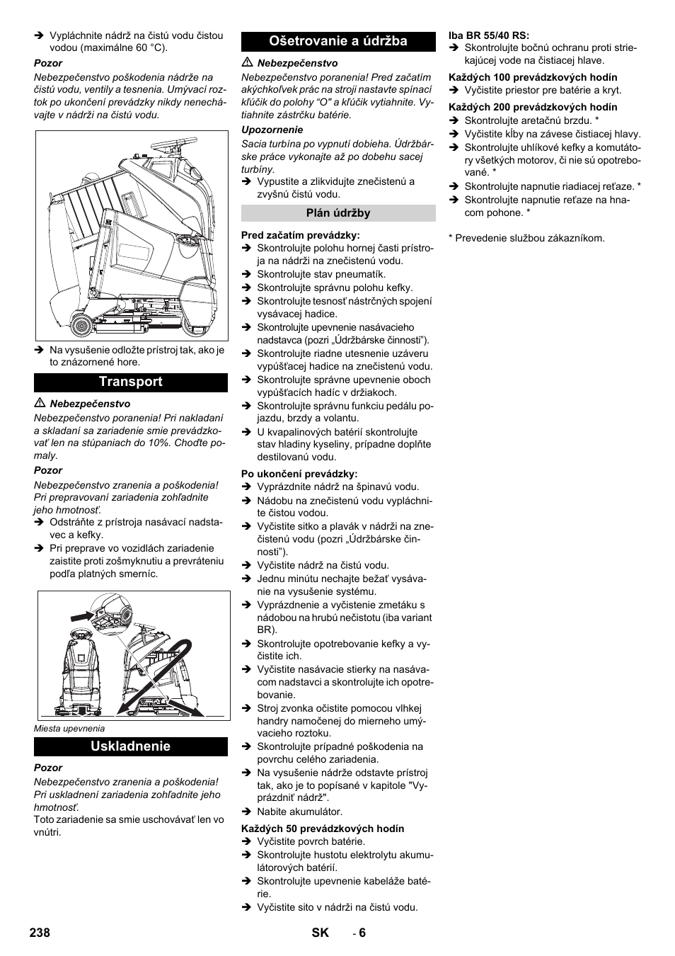 Transport uskladnenie ošetrovanie a údržba | Karcher BD 50-40 RS Bp User Manual | Page 238 / 332