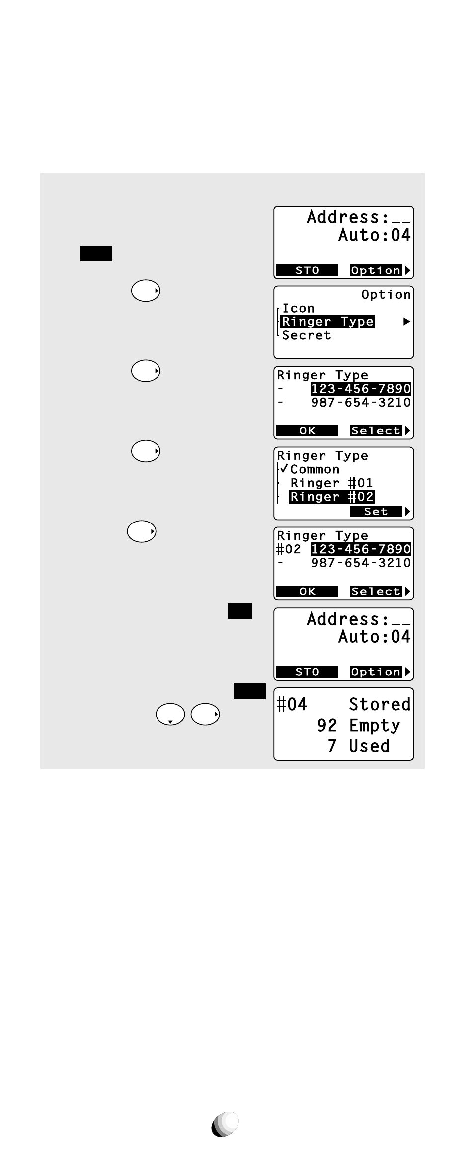 Storing a ringer type with the phone number, Address: auto:04, Three times. 2. press | And scroll to “ ringer type ”. 3. press, Press the key under, And press | Audiovox 9155-GPX User Manual | Page 40 / 107