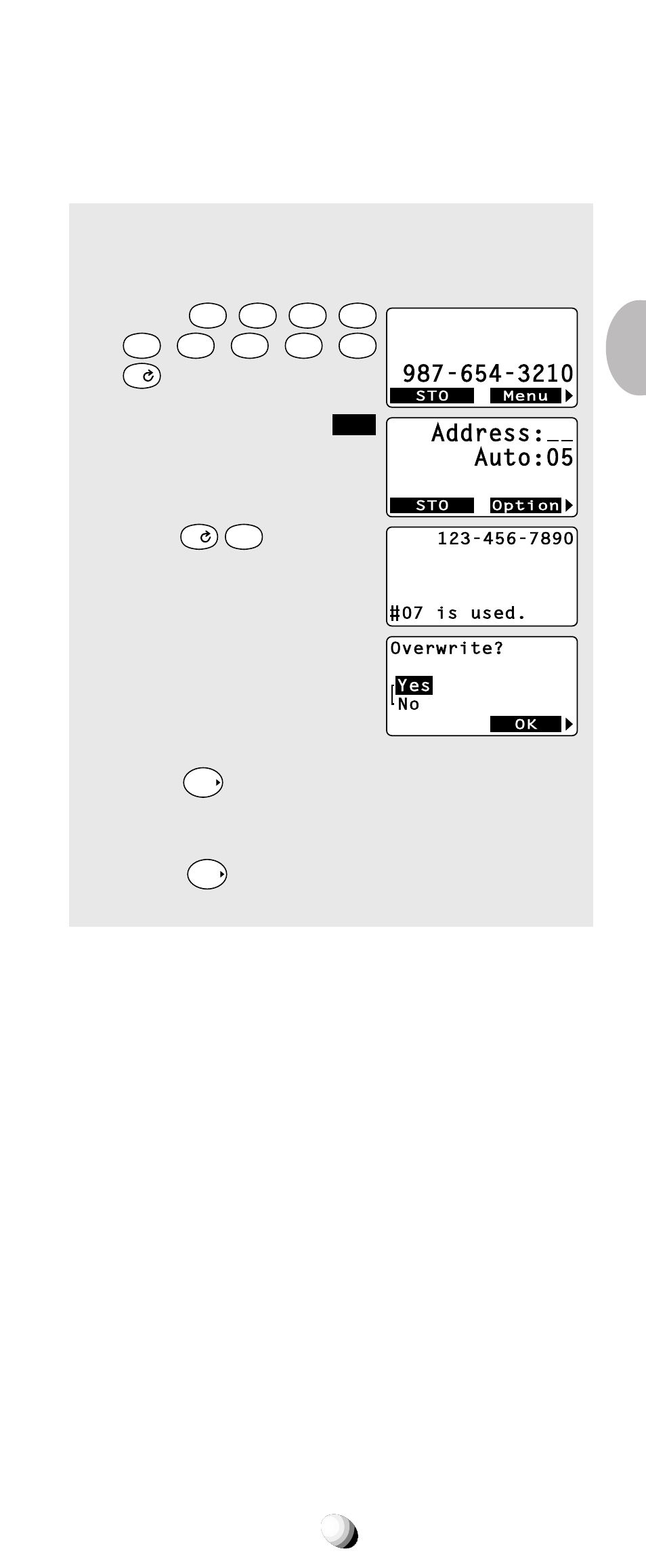 Overwrite warning, Address: auto:05, Press the key under | Three times. 3. enter, The screen returns to the step 2 again | Audiovox 9155-GPX User Manual | Page 41 / 107
