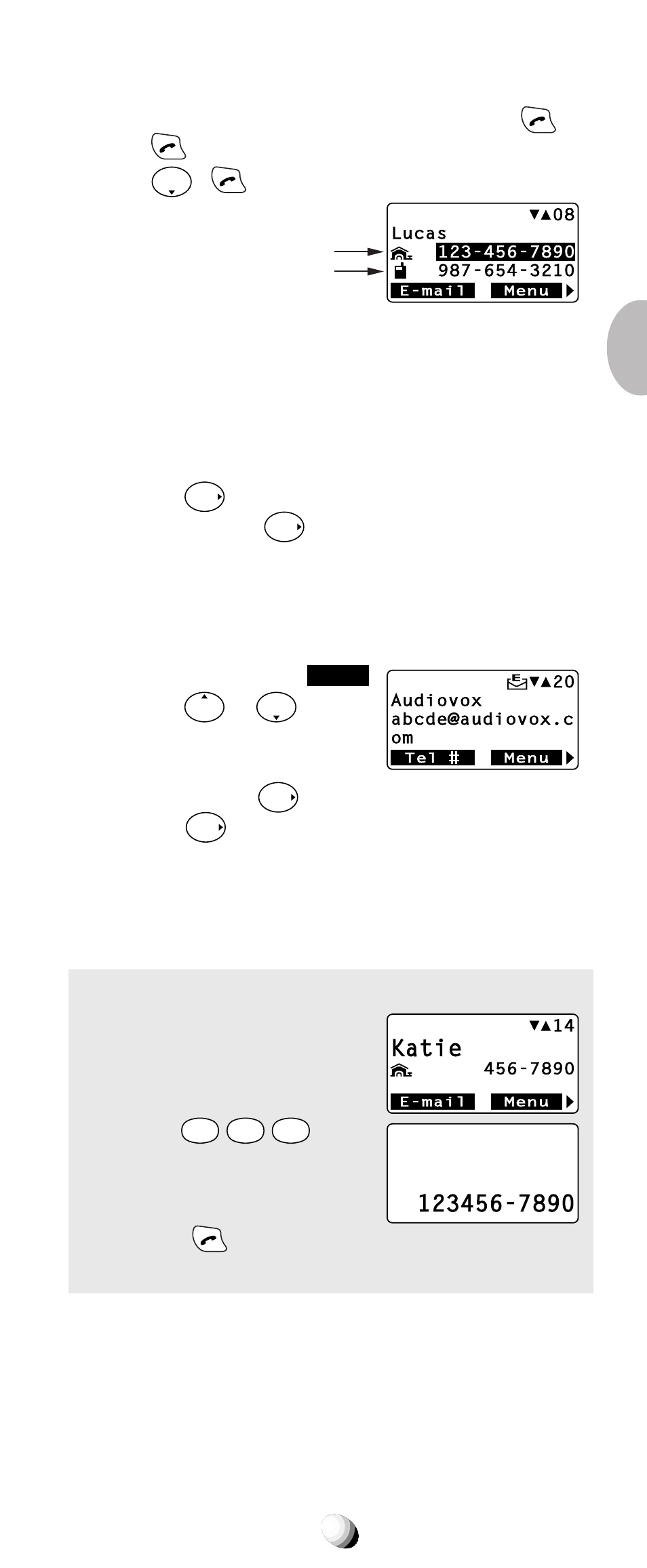 Dialing dual numbers, Reviewing long names and numbers, Locating e-mail addresses | Prepending dialing, Katie | Audiovox 9155-GPX User Manual | Page 45 / 107