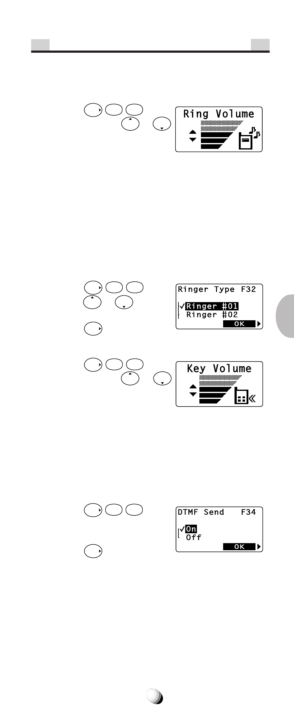 Volume and tone controls, Ringer volume control (f31), Ringer type selection (f32) | Key tone volume control (f33), Sending dtmf (f34), Ring volume, Key volume, Press or to select the ringer tone. 3. press, Press, Scroll to “ on ” or “ off ” to se- lect. 3. press | Audiovox 9155-GPX User Manual | Page 75 / 107