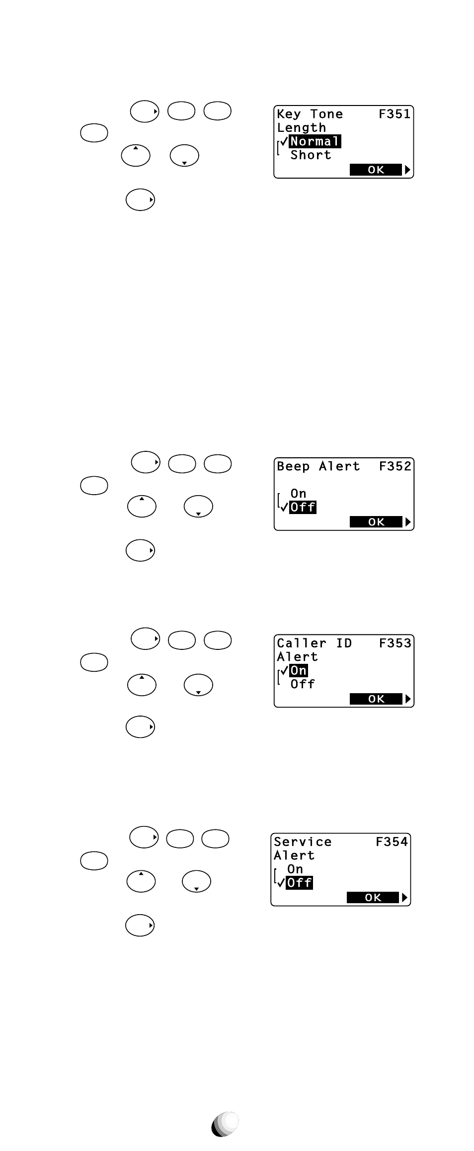 Key tone length (f35-1), Single alert beep tone (f35-2), Caller id alert (f35-3) | Service mode alert (f35-4), Normal mode, Short mode, Press or to change the current mode. 3. press, Tone is heard as long as the key is being pressed, Press or to turn this feature on/off. 3. press | Audiovox 9155-GPX User Manual | Page 76 / 107