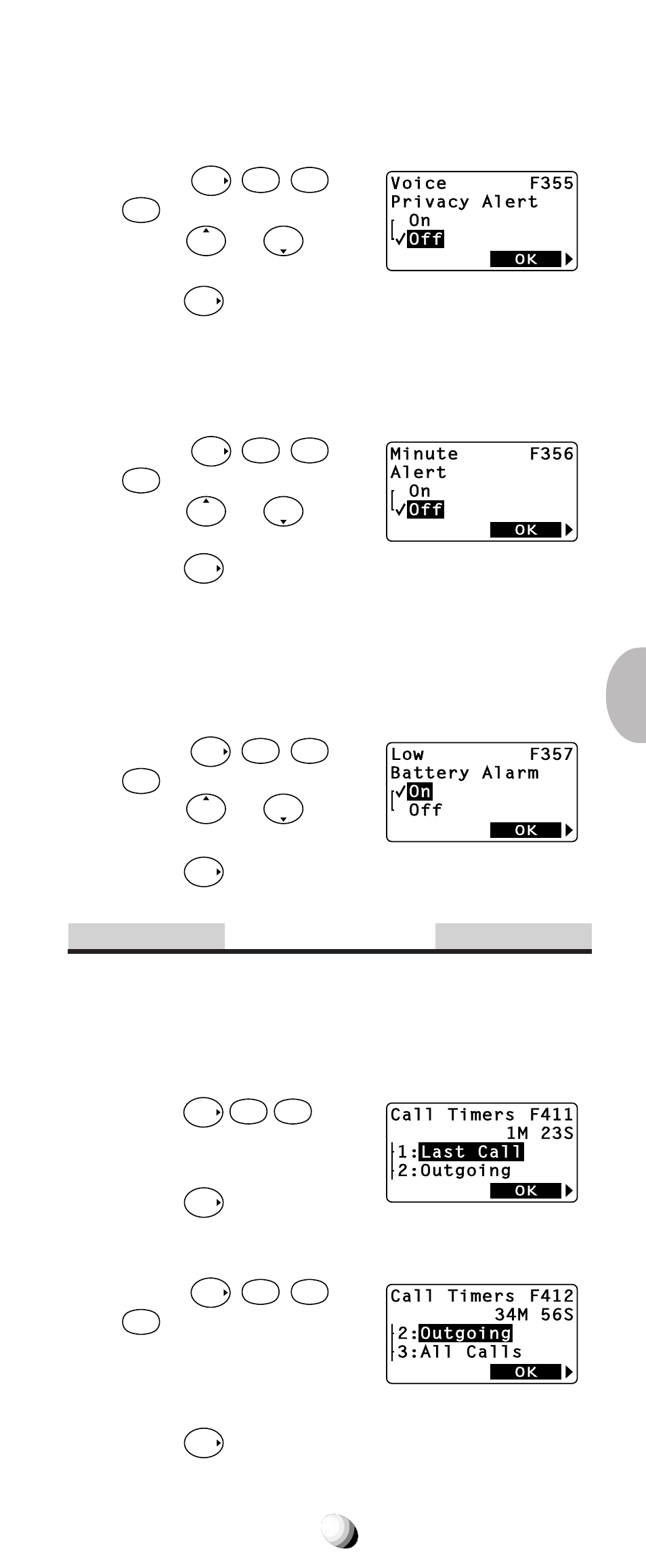Call timers, Voice privacy alert (f35-5), One minute beep tone (f35-6) | Low battery alarm (f35-7), Last call timer (f41-1), Outgoing call timer (f41-2), Press or to turn this feature on/off. 3. press, Press, Talk time of the last call dis- plays. 2. press | Audiovox 9155-GPX User Manual | Page 77 / 107