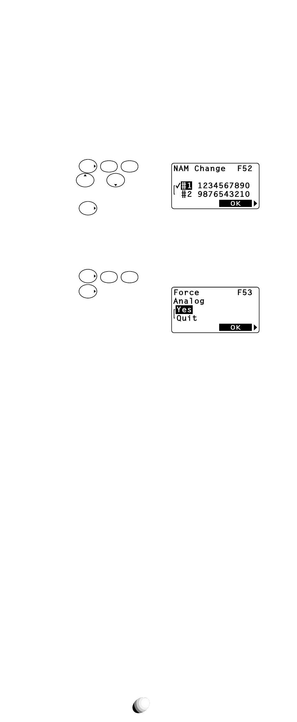 Nam selection (f52), Force analog call (f53), Changing nams | Press, Press or to change the current nam. 3. press, When scanning the analog mode | Audiovox 9155-GPX User Manual | Page 82 / 107