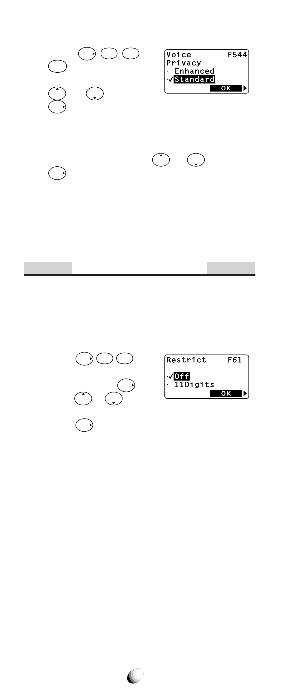 Security features, Call restriction (f61), 84 setting enhanced voice privacy mode | 11 digits mode, 7 digits mode, Operator mode, Rcl 01-09 mode, Off mode | Audiovox 9155-GPX User Manual | Page 84 / 107