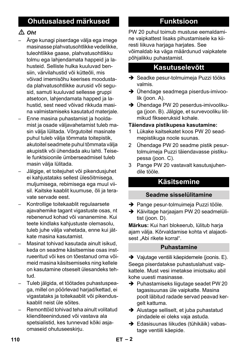 Ohutusalased märkused, Funktsioon, Kasutuselevõtt | Käsitsemine, Seadme sisselülitamine, Puhastamine | Karcher PW 20 User Manual | Page 110 / 132