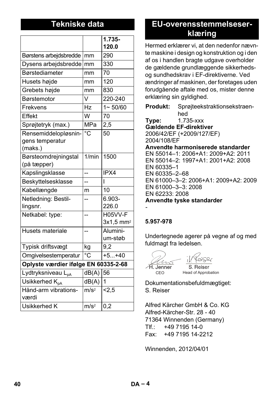 Tekniske data, Eu-overensstemmelseserklæring, Eu-overensstemmelseser- klæring | Karcher PW 20 User Manual | Page 40 / 132