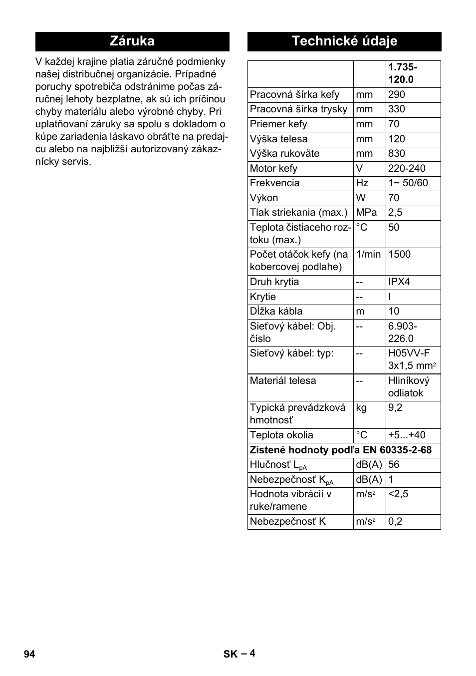 Záruka, Technické údaje, Záruka technické údaje | Karcher PW 20 User Manual | Page 94 / 132
