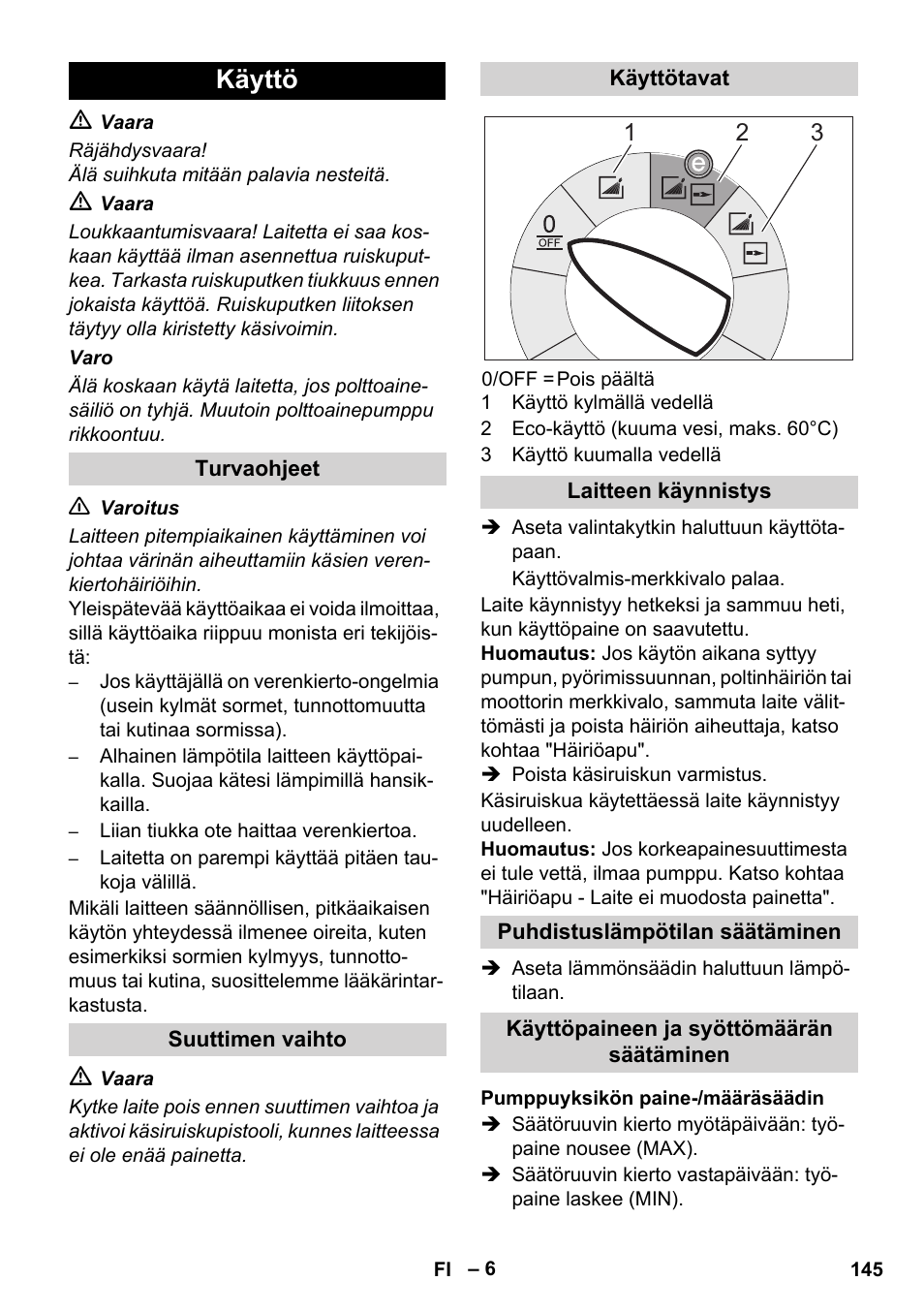 Käyttö | Karcher HDS 11-18 4 S Basic User Manual | Page 145 / 376