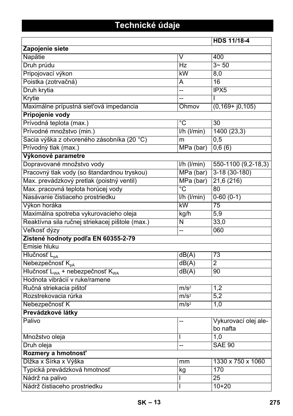 Technické údaje | Karcher HDS 11-18 4 S Basic User Manual | Page 275 / 376