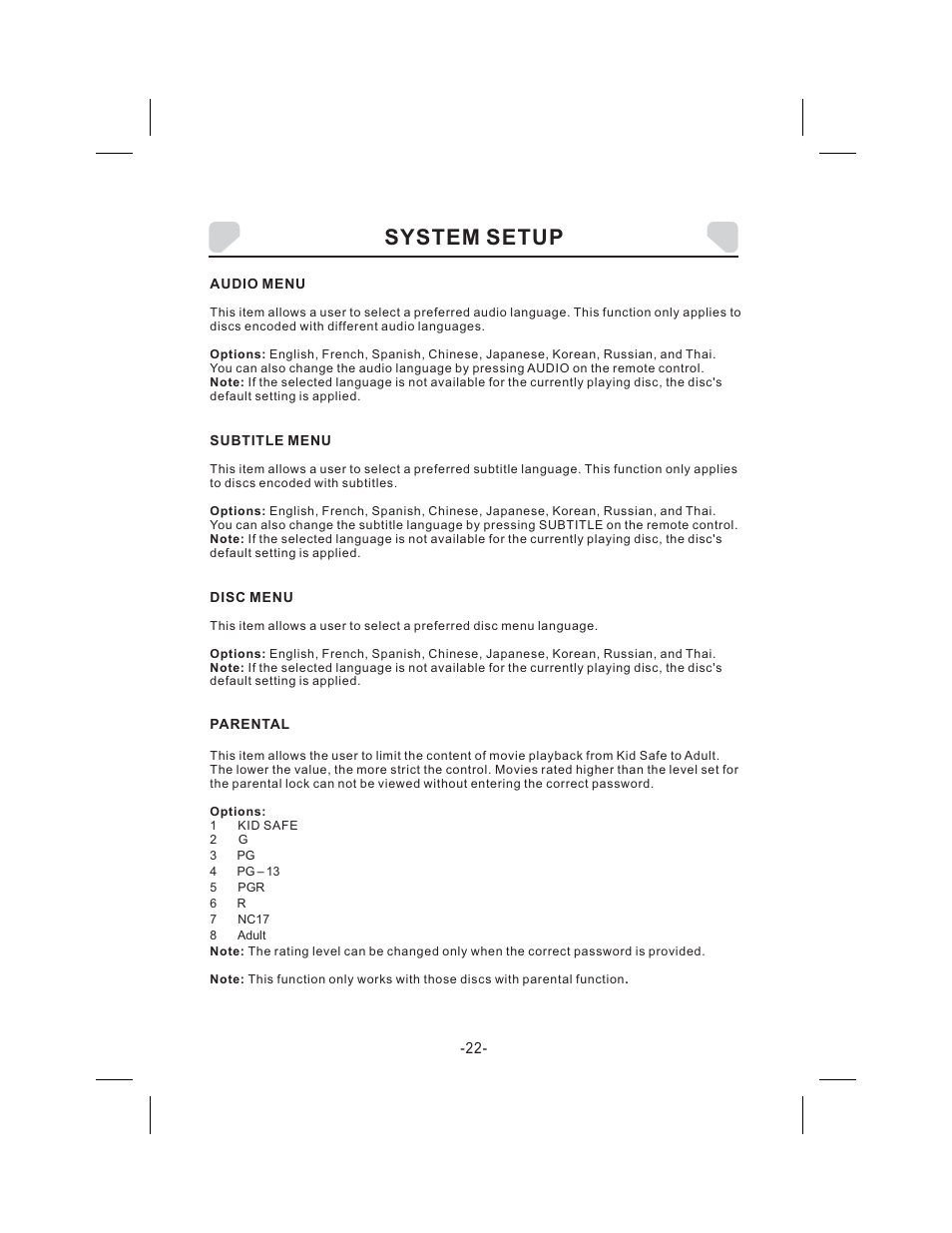 System setup | Audiovox DS9343TPK User Manual | Page 22 / 32