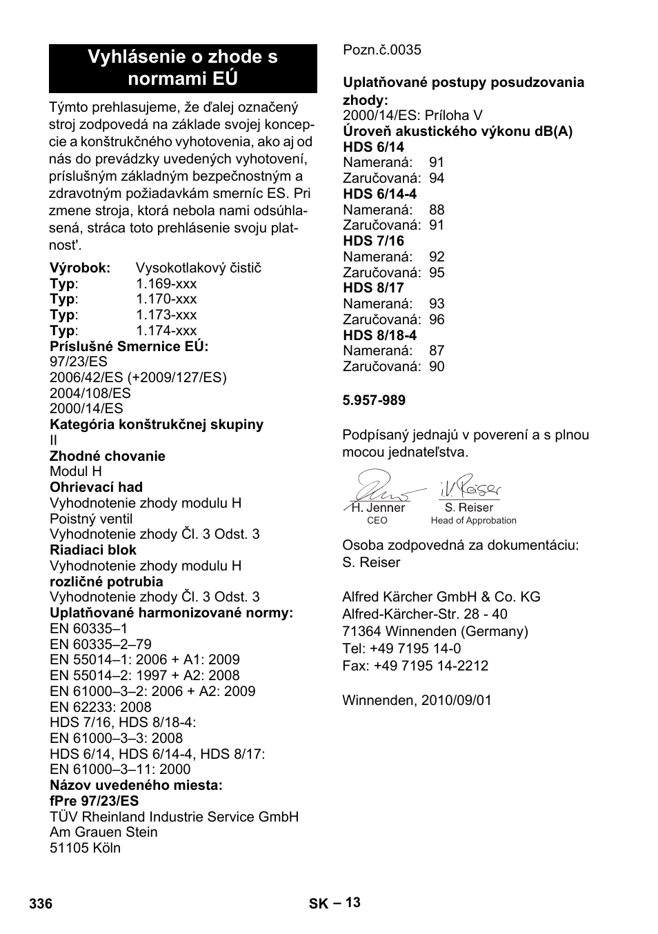 Vyhlásenie o zhode s normami eú | Karcher Nettoyeur haute pression HDS 8-18-4 C Classic User Manual | Page 336 / 460