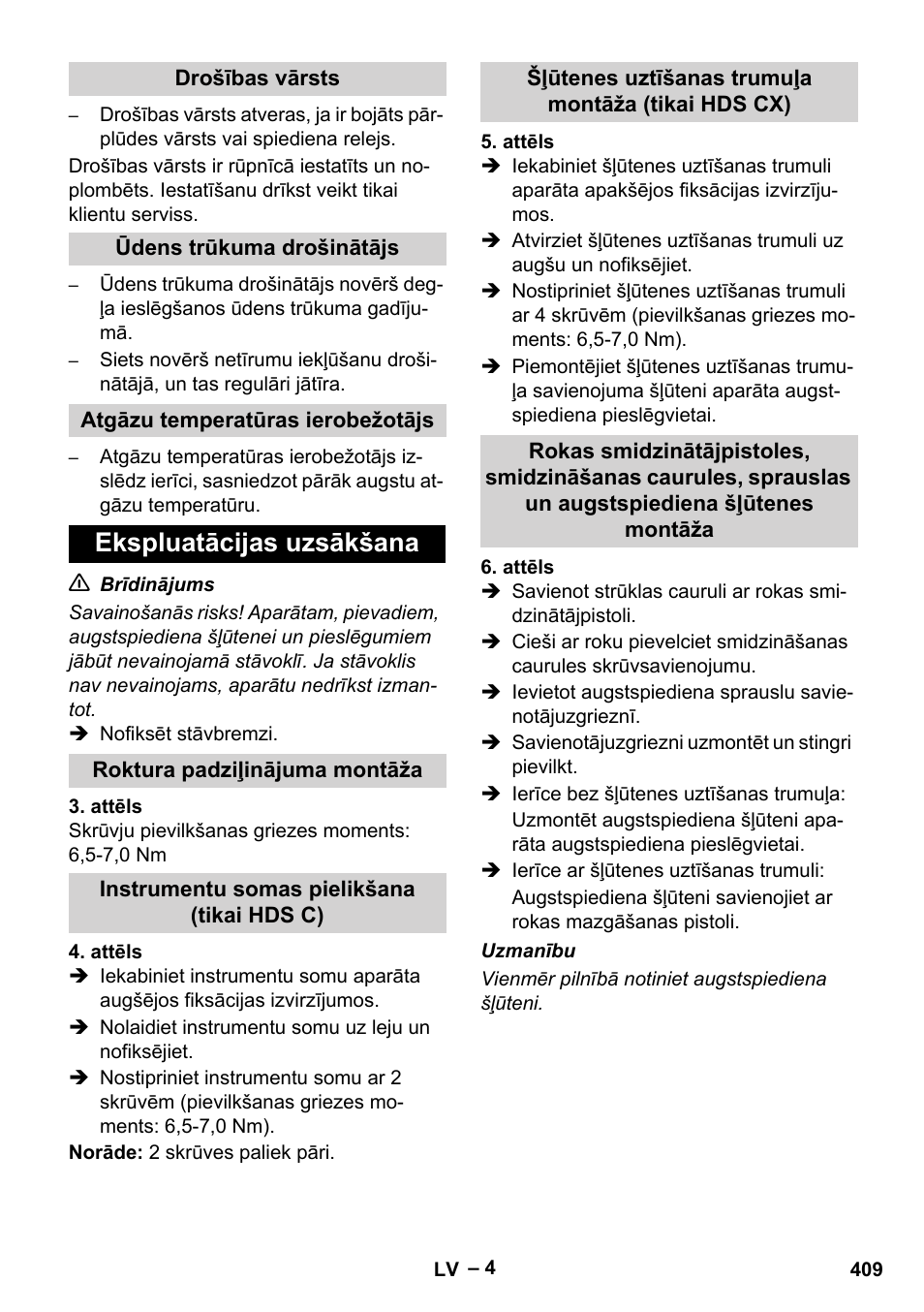 Ekspluatācijas uzsākšana | Karcher Nettoyeur haute pression HDS 8-18-4 C Classic User Manual | Page 409 / 460