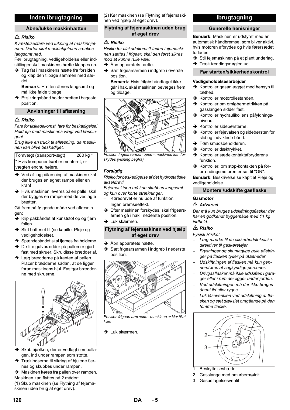 Inden ibrugtagning, Ibrugtagning | Karcher Balayeuse KM 90-60 R Lpg Adv User Manual | Page 120 / 432