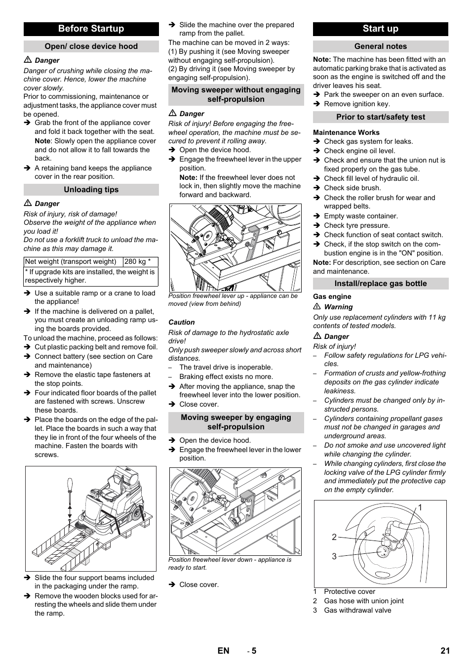 Before startup, Start up | Karcher Balayeuse KM 90-60 R Lpg Adv User Manual | Page 21 / 432