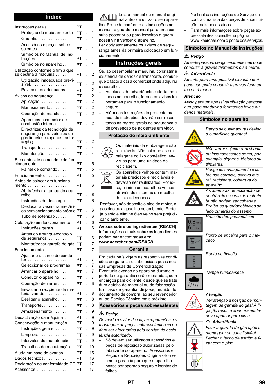 Português, Índice, Instruções gerais | Karcher Balayeuse KM 90-60 R Lpg Adv User Manual | Page 99 / 432