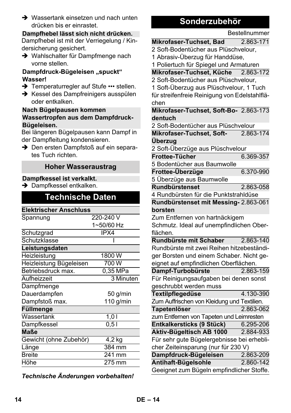 Technische daten, Sonderzubehör | Karcher SC 4-100 CB User Manual | Page 14 / 314