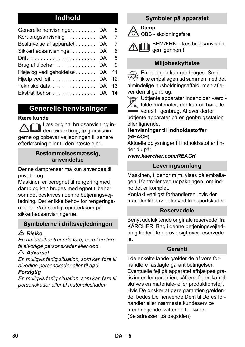 Dansk, Indhold, Generelle henvisninger | Karcher SC 4-100 CB User Manual | Page 80 / 314