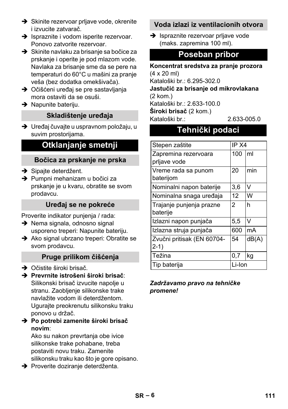 Otklanjanje smetnji, Poseban pribor tehnički podaci | Karcher WV 60 Plus User Manual | Page 111 / 144