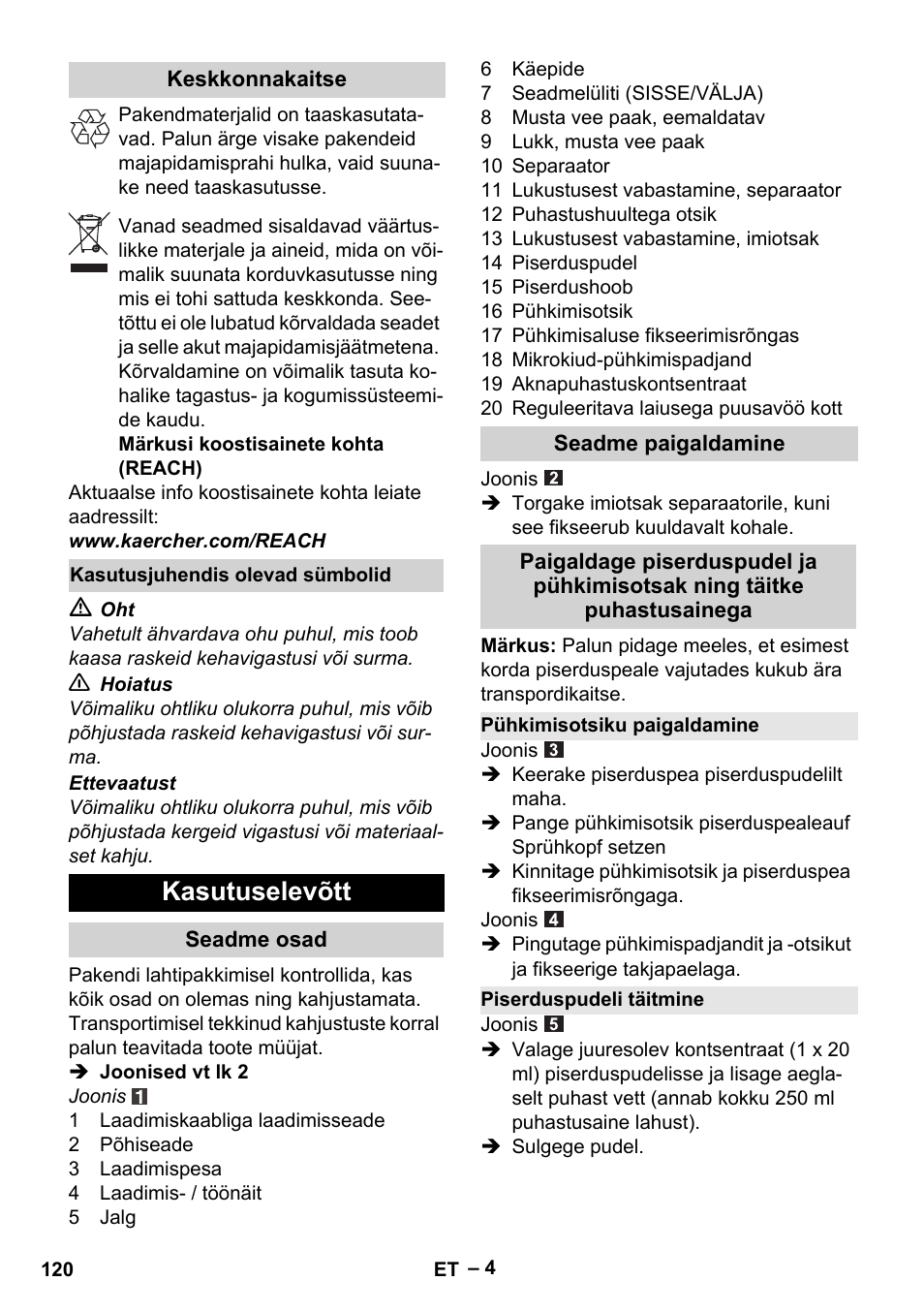 Kasutuselevõtt | Karcher WV 60 Plus User Manual | Page 120 / 144