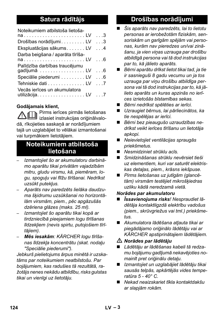 Latviešu, Satura rādītājs | Karcher WV 60 Plus User Manual | Page 124 / 144
