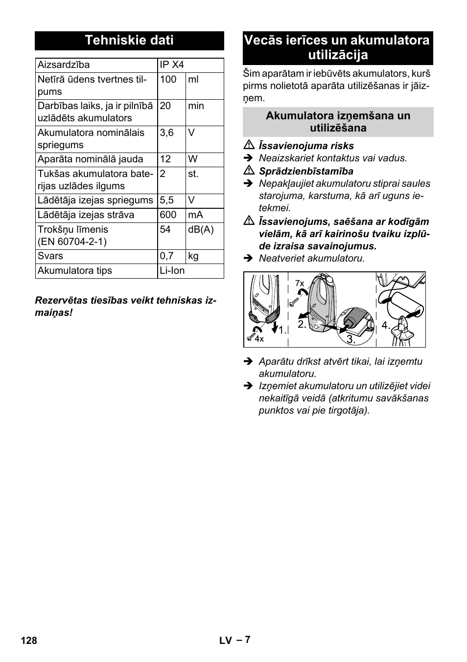 Tehniskie dati, Vecās ierīces un akumulatora utilizācija | Karcher WV 60 Plus User Manual | Page 128 / 144