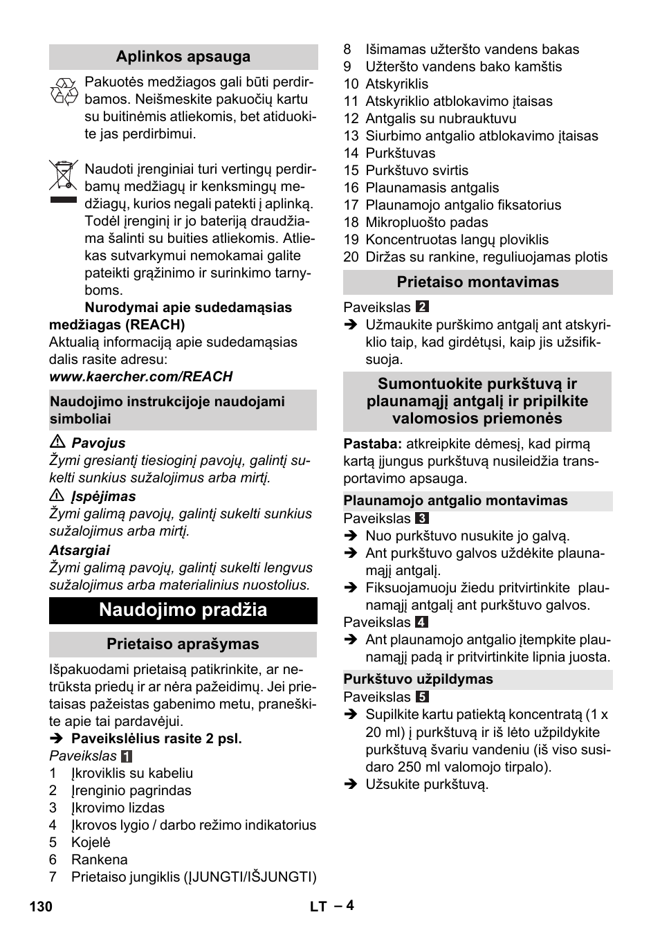 Naudojimo pradžia | Karcher WV 60 Plus User Manual | Page 130 / 144