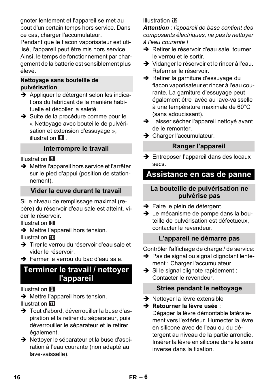 Terminer le travail / nettoyer l'appareil, Assistance en cas de panne | Karcher WV 60 Plus User Manual | Page 16 / 144