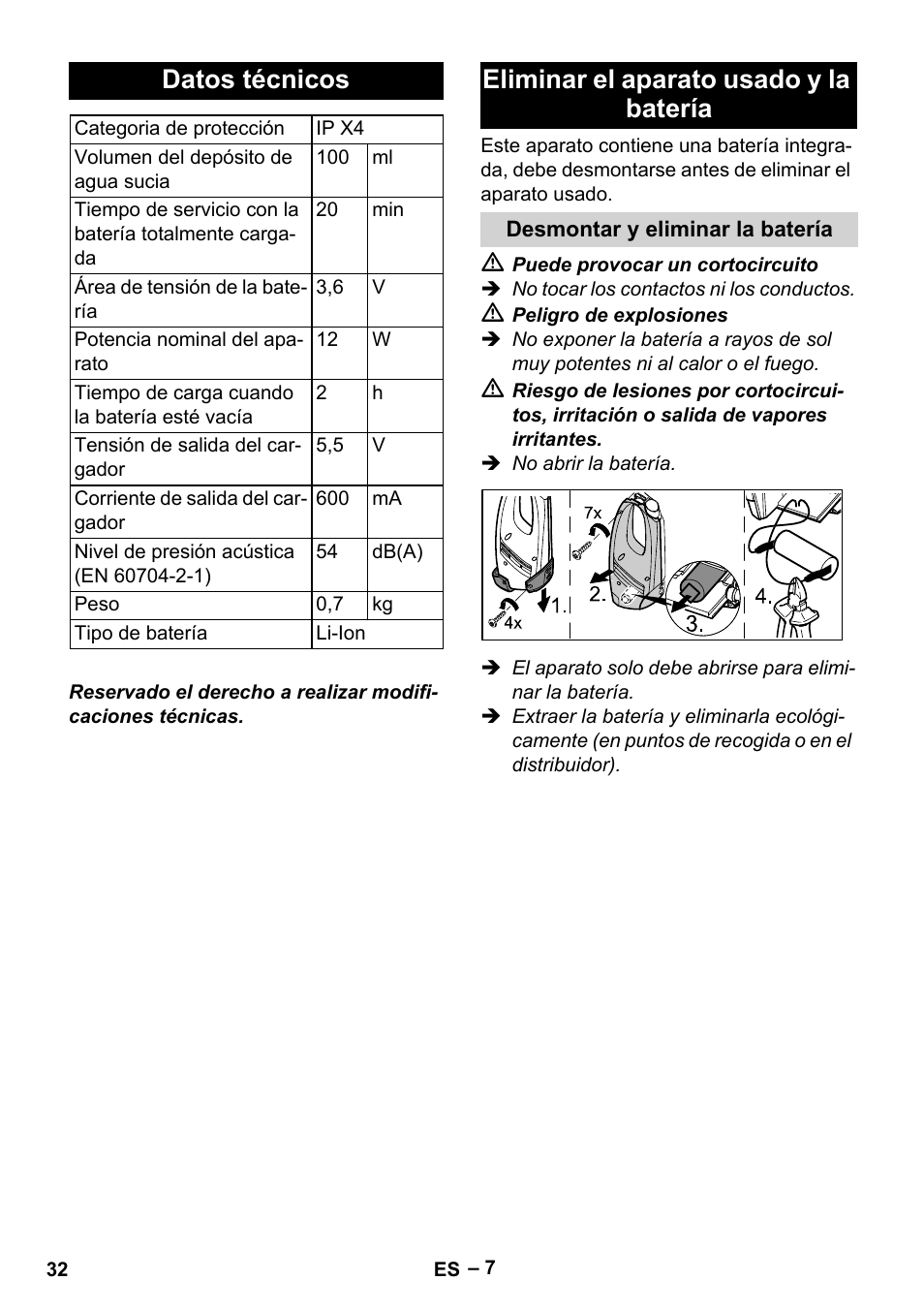 Datos técnicos, Eliminar el aparato usado y la batería | Karcher WV 60 Plus User Manual | Page 32 / 144