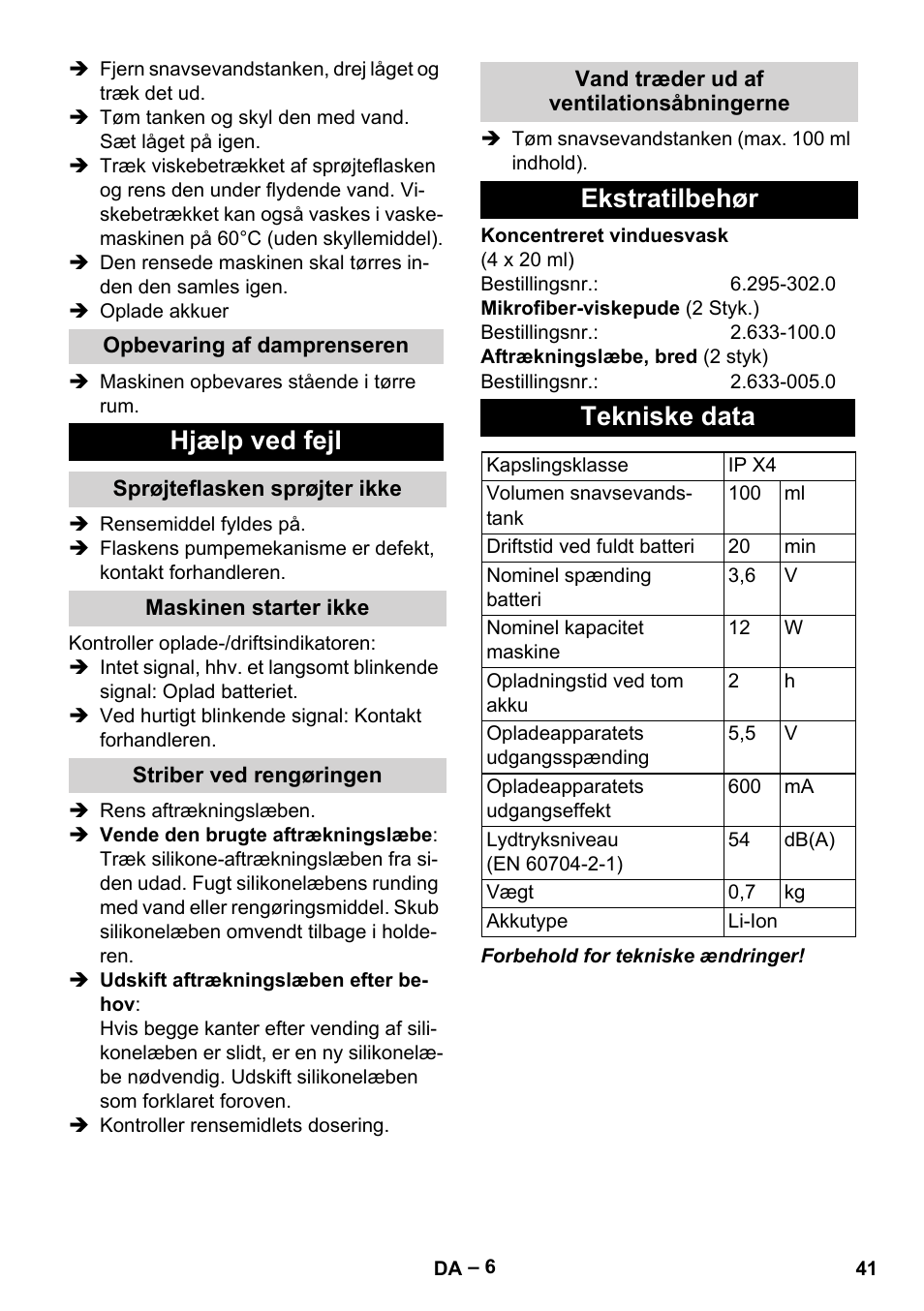 Hjælp ved fejl, Ekstratilbehør tekniske data | Karcher WV 60 Plus User Manual | Page 41 / 144