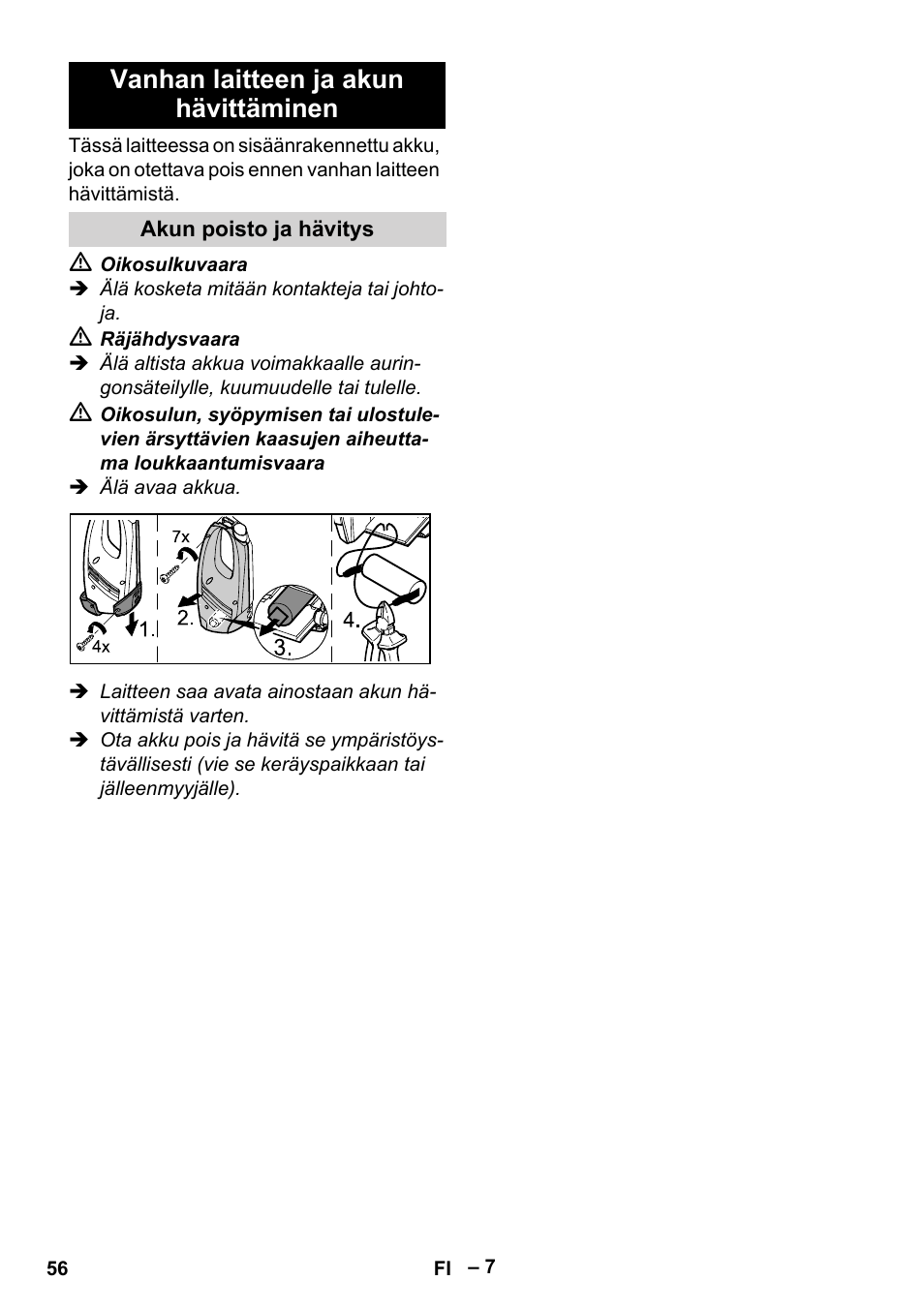 Vanhan laitteen ja akun hävittäminen | Karcher WV 60 Plus User Manual | Page 56 / 144