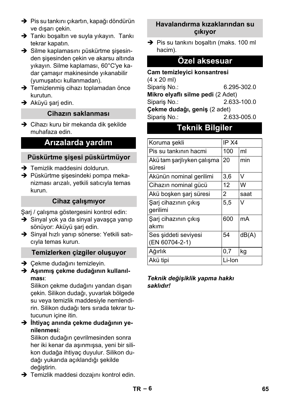 Arızalarda yardım, Özel aksesuar teknik bilgiler | Karcher WV 60 Plus User Manual | Page 65 / 144