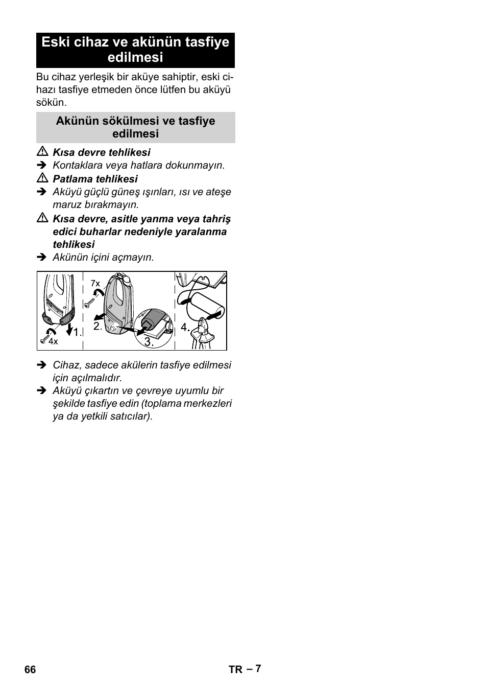 Eski cihaz ve akünün tasfiye edilmesi | Karcher WV 60 Plus User Manual | Page 66 / 144