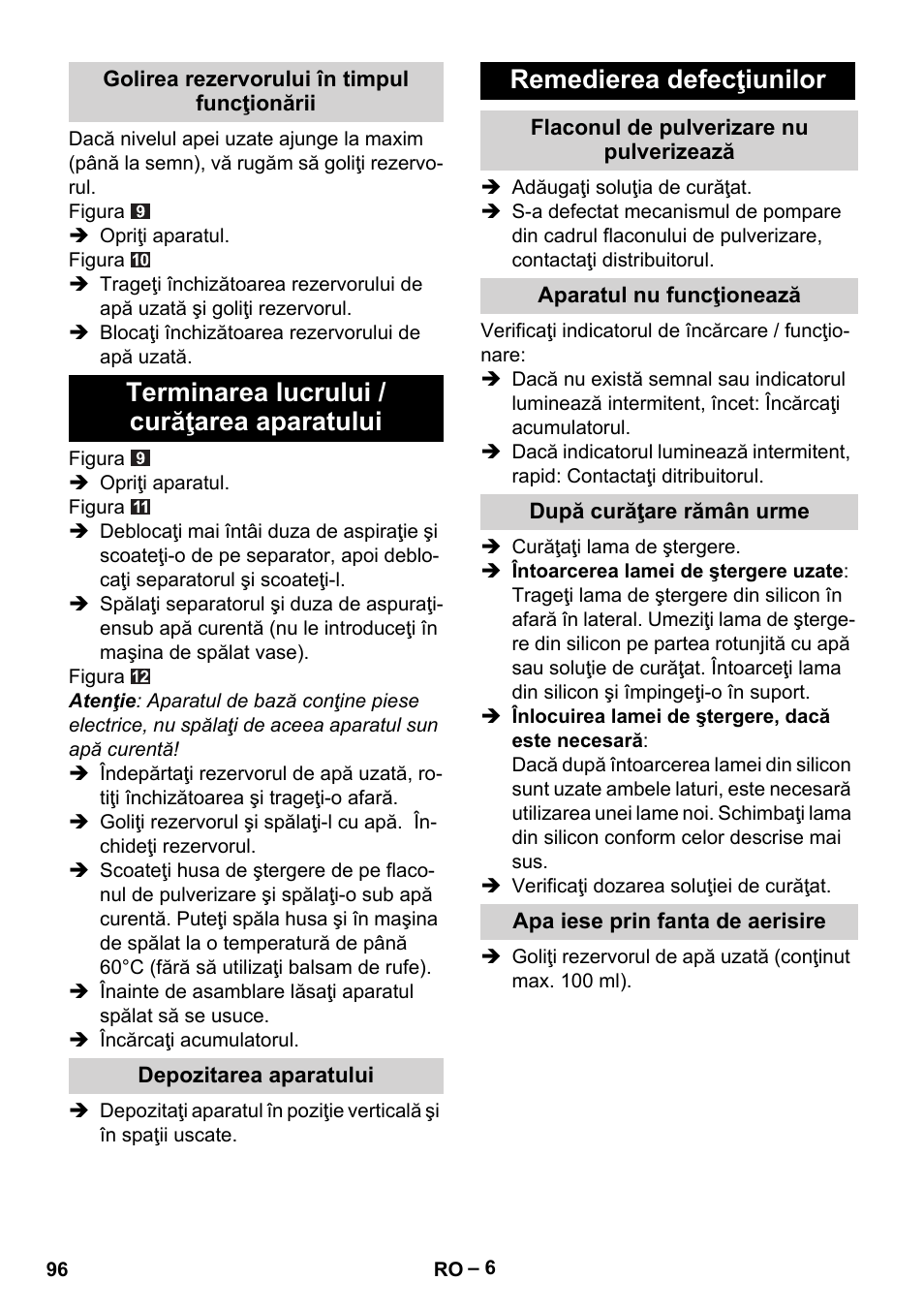 Terminarea lucrului / curăţarea aparatului, Remedierea defecţiunilor | Karcher WV 60 Plus User Manual | Page 96 / 144