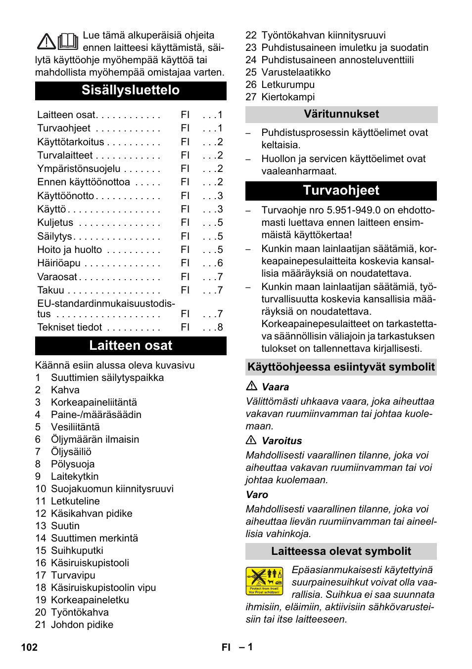 Suomi, Sisällysluettelo, Laitteen osat | Turvaohjeet | Karcher Xpert HD 7140 X User Manual | Page 102 / 276