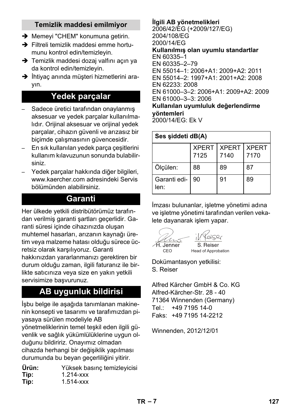 Yedek parçalar garanti ab uygunluk bildirisi | Karcher Xpert HD 7140 X User Manual | Page 127 / 276
