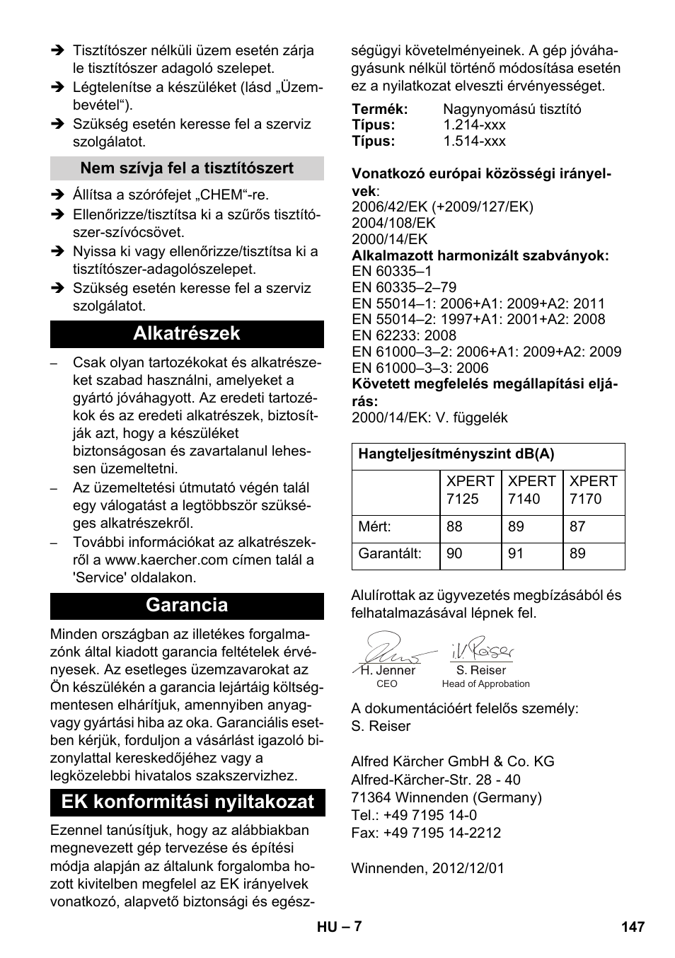 Alkatrészek garancia ek konformitási nyiltakozat | Karcher Xpert HD 7140 X User Manual | Page 147 / 276