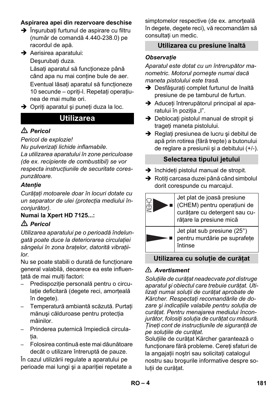 Utilizarea | Karcher Xpert HD 7140 X User Manual | Page 181 / 276