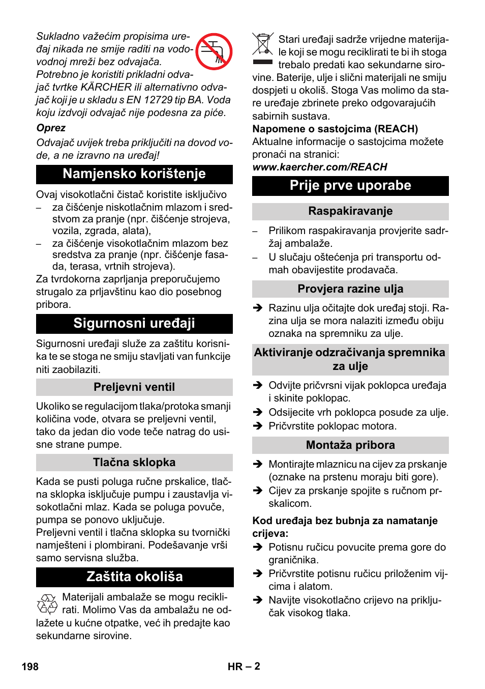 Namjensko korištenje sigurnosni uređaji, Zaštita okoliša prije prve uporabe | Karcher Xpert HD 7140 X User Manual | Page 198 / 276