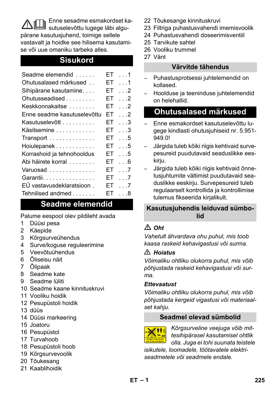 Eesti, Sisukord, Seadme elemendid | Ohutusalased märkused | Karcher Xpert HD 7140 X User Manual | Page 225 / 276