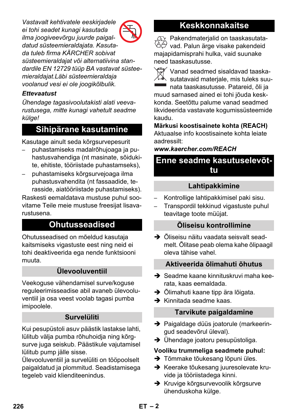 Sihipärane kasutamine ohutusseadised, Keskkonnakaitse enne seadme kasutuselevõt- tu | Karcher Xpert HD 7140 X User Manual | Page 226 / 276