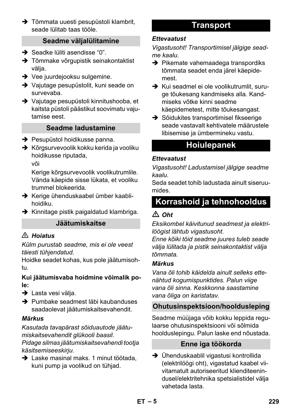 Transport hoiulepanek korrashoid ja tehnohooldus | Karcher Xpert HD 7140 X User Manual | Page 229 / 276