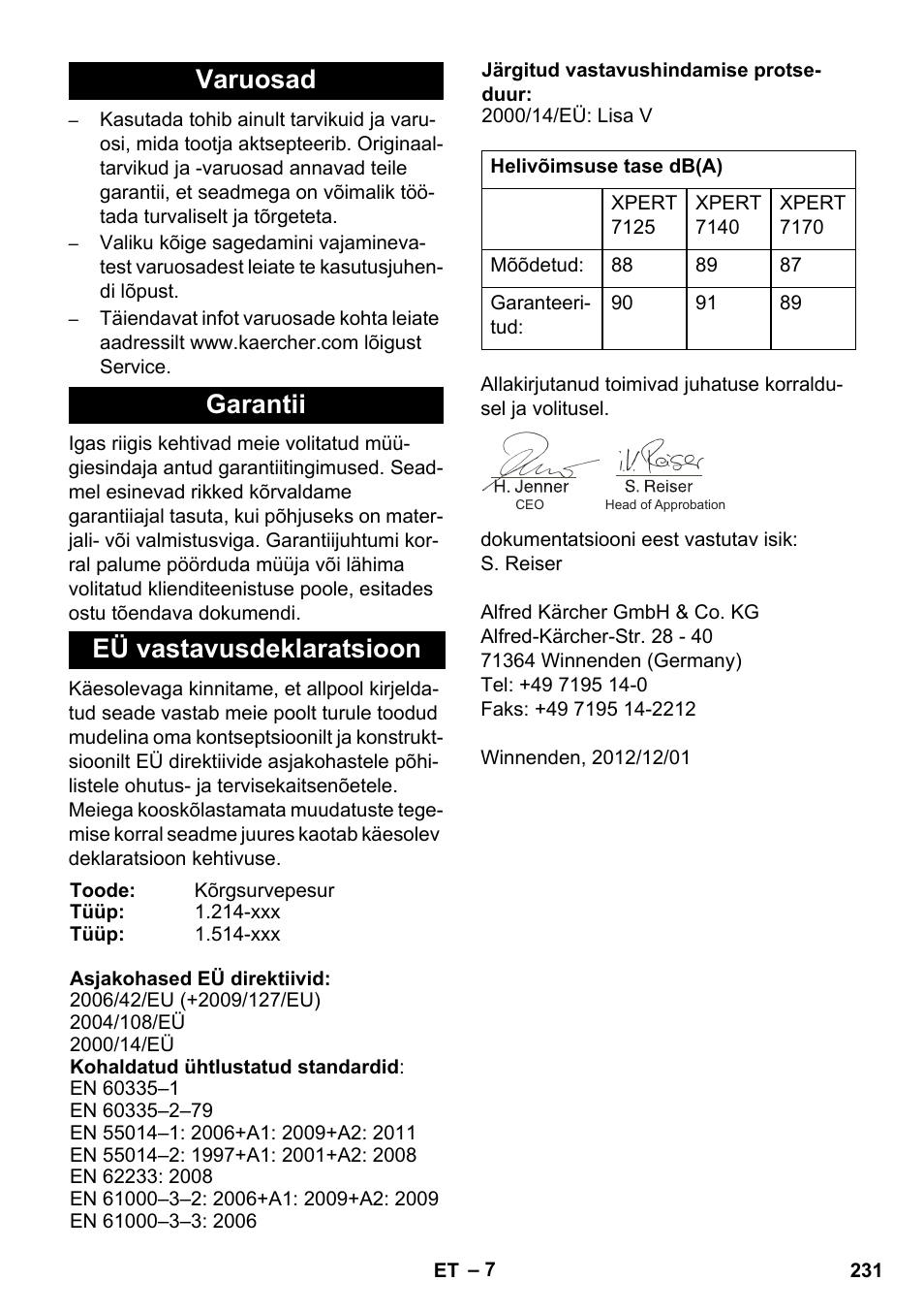 Varuosad garantii eü vastavusdeklaratsioon | Karcher Xpert HD 7140 X User Manual | Page 231 / 276