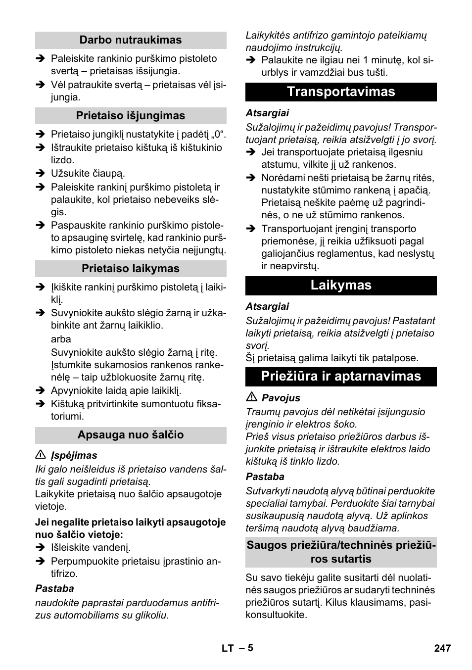 Transportavimas laikymas priežiūra ir aptarnavimas | Karcher Xpert HD 7140 X User Manual | Page 247 / 276