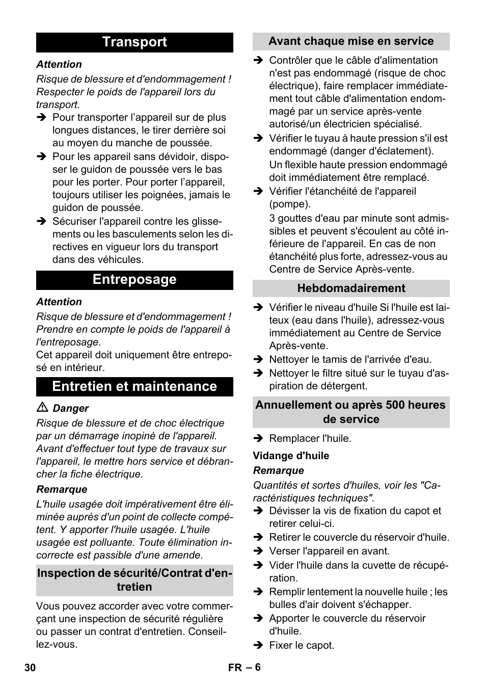 Transport entreposage entretien et maintenance | Karcher Xpert HD 7140 X User Manual | Page 30 / 276